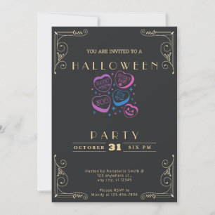Chalkboard Black & Gold Convo Hearts Halloween Invitation