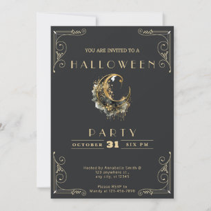 Chalkboard Black & Gold Crescent Moon Halloween Invitation