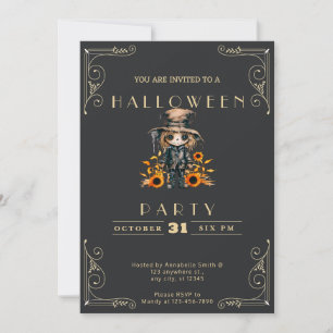 Chalkboard Black & Gold Cute Ghoul Halloween Invitation