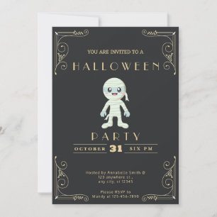 Chalkboard Black & Gold Cute Mummy Halloween Invitation