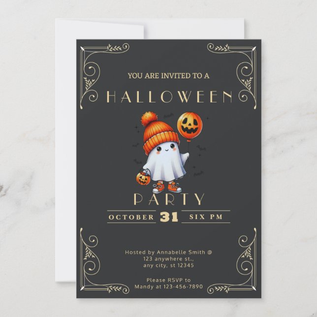 Chalkboard Black & Gold Ghost Hat Bats Halloween Invitation (Front)