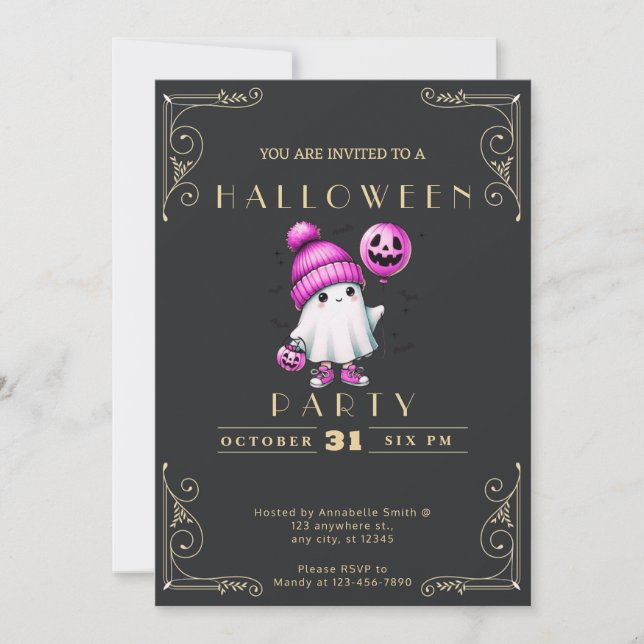 Chalkboard Black & Gold Ghost Hat Bats Halloween Invitation (Front)