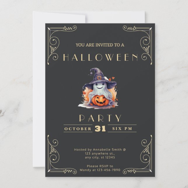 Chalkboard Black & Gold Ghost Witch Hat Halloween Invitation (Front)