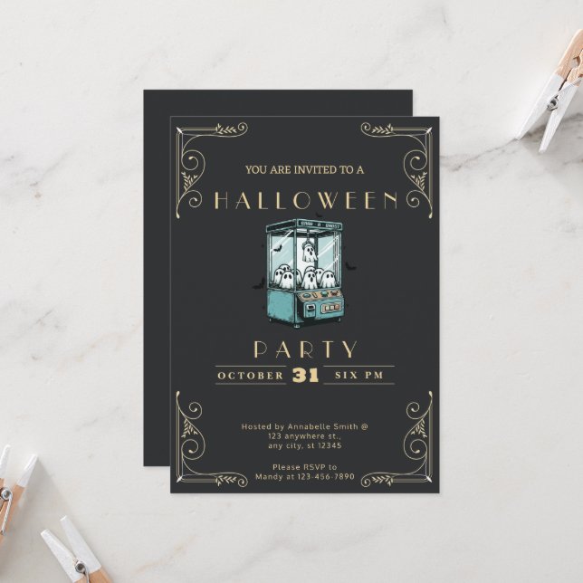 Chalkboard Black & Gold Grab a Ghost Halloween Invitation (Front/Back In Situ)