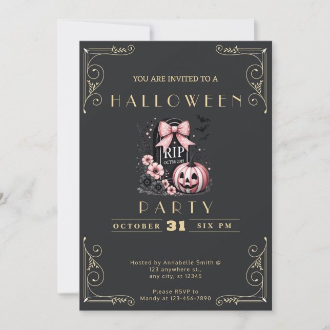Chalkboard Black & Gold Grave RIP Halloween Invitation (Front)