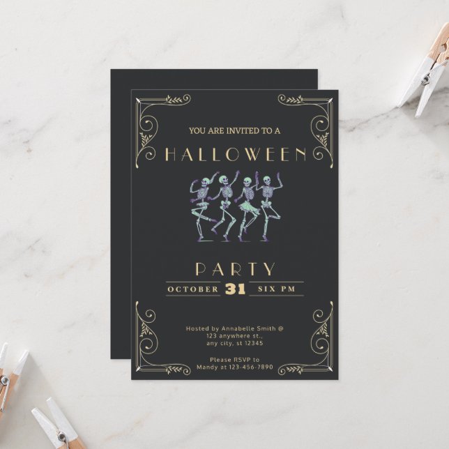 Chalkboard Black & Gold Green Skeletons Halloween Invitation (Front/Back In Situ)