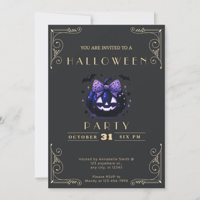 Chalkboard Black & Gold Jack-O' Lantern Halloween Invitation (Front)