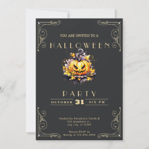 Chalkboard Black & Gold Jack-O' Lantern Halloween Invitation