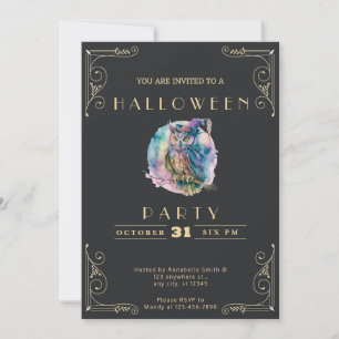Chalkboard Black & Gold Pastel Owl Halloween Invitation