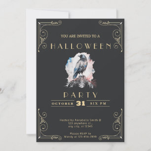 Chalkboard Black & Gold Pastel Raven Halloween Invitation
