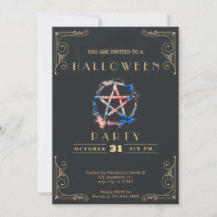 Chalkboard Black & Gold Pentagram Halloween Invitation