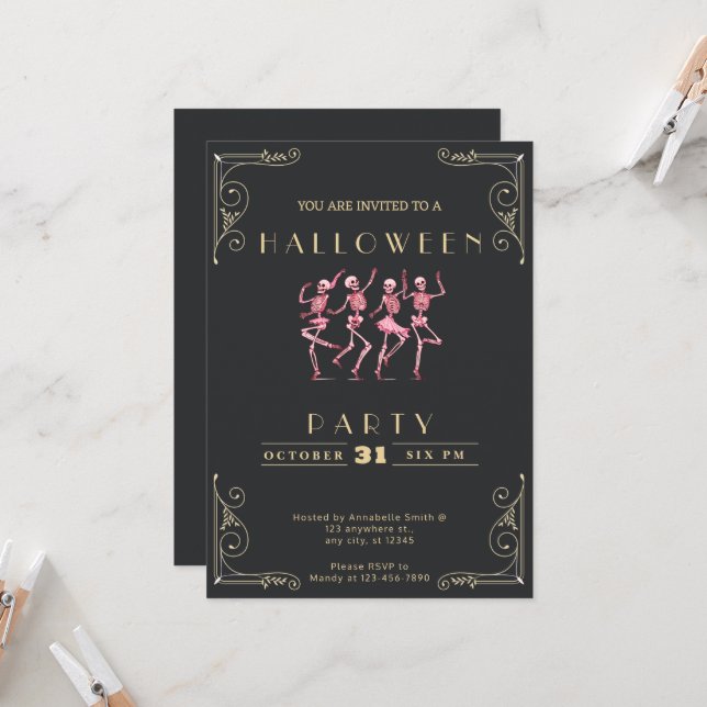 Chalkboard Black & Gold Pink Skeletons Halloween Invitation (Front/Back In Situ)