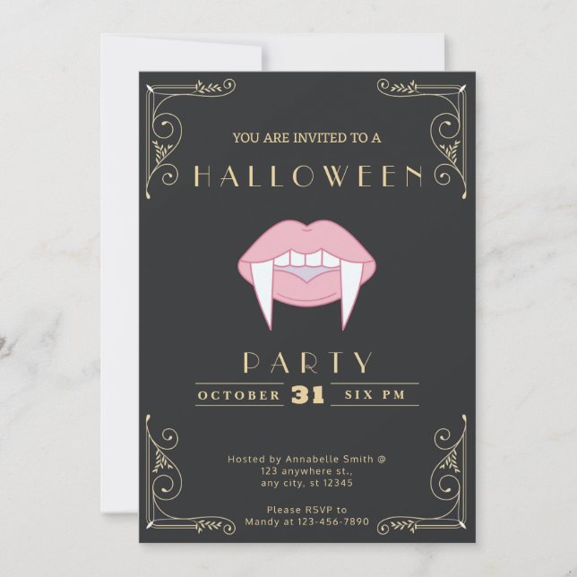Chalkboard Black & Gold Pink Vampire Lip Halloween Invitation (Front)