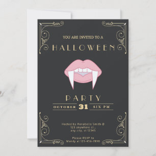 Chalkboard Black & Gold Pink Vampire Lip Halloween Invitation