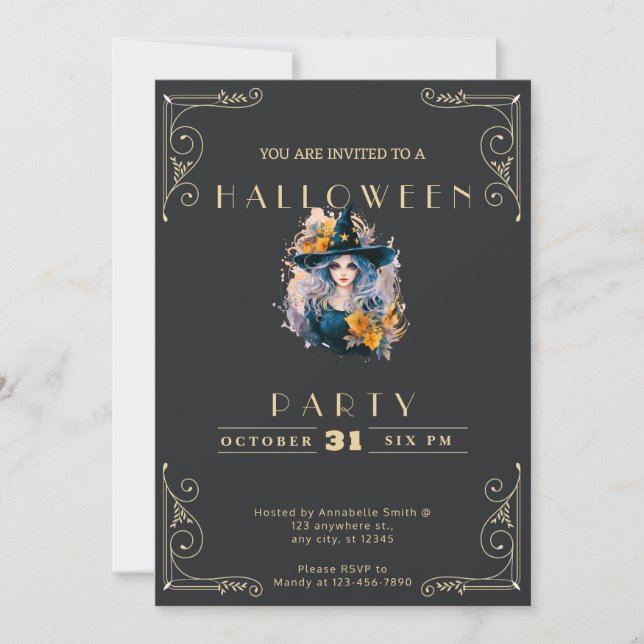 Chalkboard Black & Gold Pretty Witch Halloween Invitation (Front)