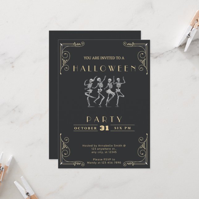 Chalkboard Black & Gold Silver Skeletons Halloween Invitation (Front/Back In Situ)