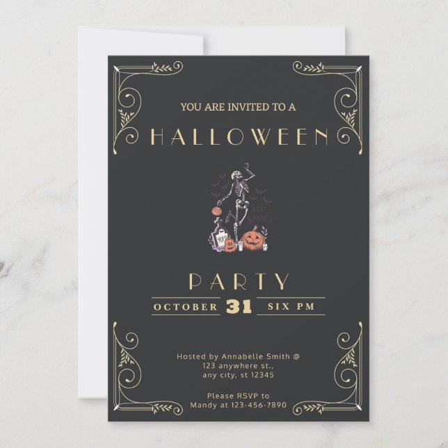 Chalkboard Black & Gold Skeleton Grave Halloween Invitation (Front)