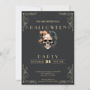 Chalkboard Black & Gold Skull Flowers Halloween Invitation