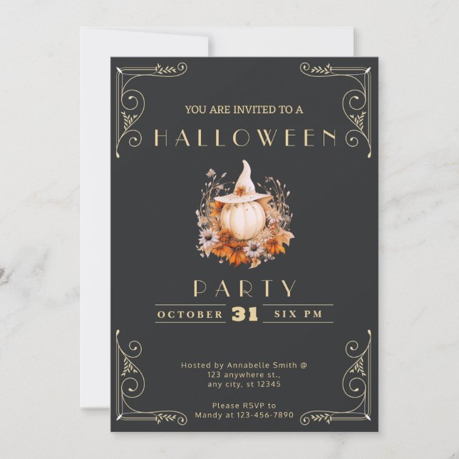 Chalkboard Black & Gold White Pumpkin Halloween Invitation (Front)