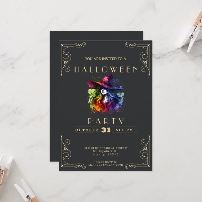 Chalkboard Black & Gold Witch Rainbow Halloween Invitation (Front/Back In Situ)