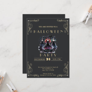 Chalkboard Black & Gold Witches Bats Halloween Invitation