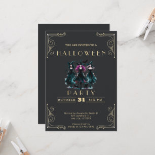 Chalkboard Black & Gold Witches Bats Halloween Invitation