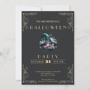 Chalkboard Black & Gold Witches Hat Halloween Invitation