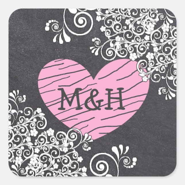 Chalkboard Black & Pink Heart  Wedding Stickers (Front)