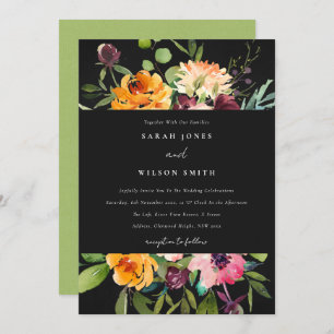 CHALKBOARD BLACK PINK YELLOW ORANGE FLORAL WEDDING INVITATION