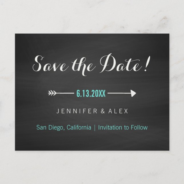 Chalkboard Black Turquoise and Arrow Save the Date Announcement Postcard (Front)