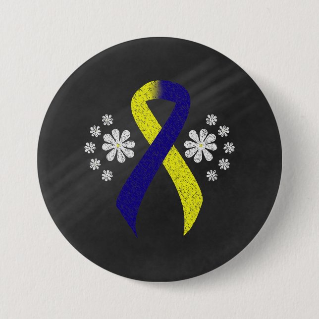 Chalkboard Blue and Yellow Awareness Ribbon 7.5 Cm Round Badge (Front)
