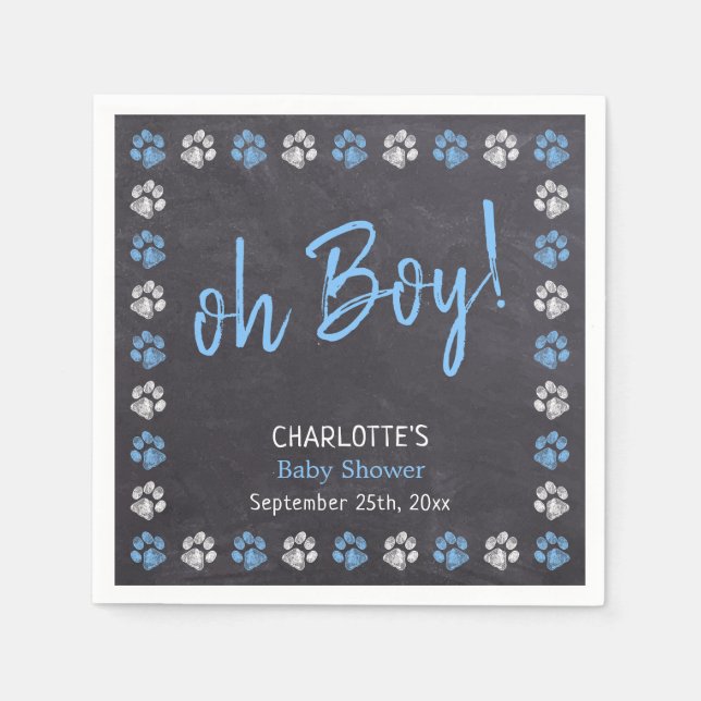 Chalkboard Blue Boy Paw Print Baby Shower Napkin (Front)