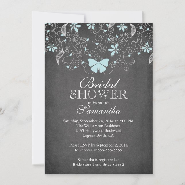 Chalkboard Blue Butterfly Floral Bridal Shower Invitation (Front)