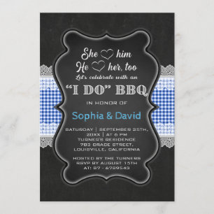 Chalkboard Blue Gingham Lace I DO BBQ Engagement Invitation