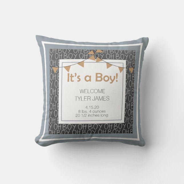 Chalkboard Blue Grey and Tan Newborn Keepsake Cushion (Front)