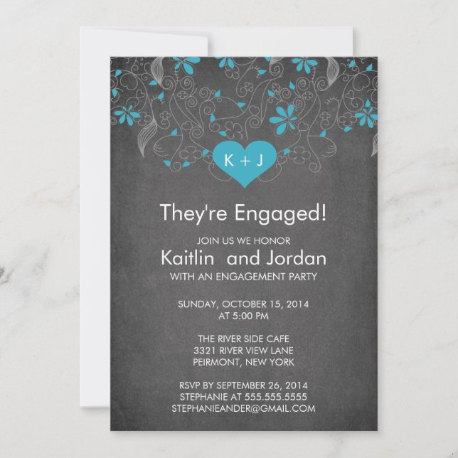 Chalkboard Blue Heart with Flower Engagement Party Invitation (Front)