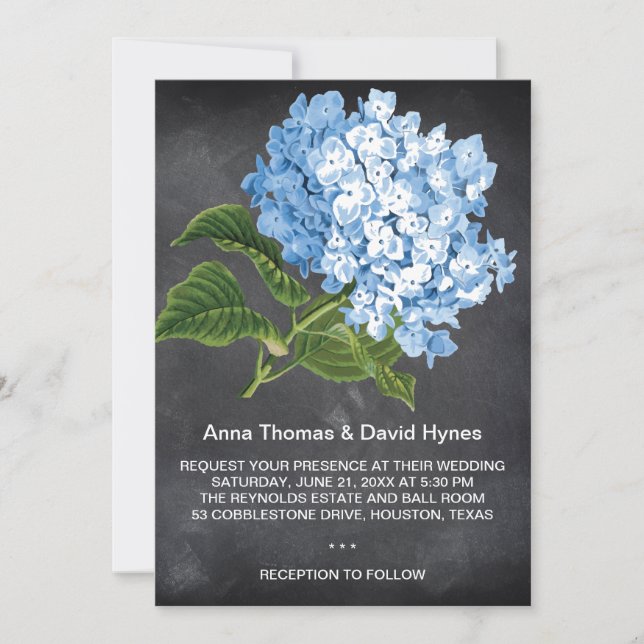 CHALKBOARD BLUE HYDRANGEA PERSONALIZED WEDDING INV INVITATION (Front)