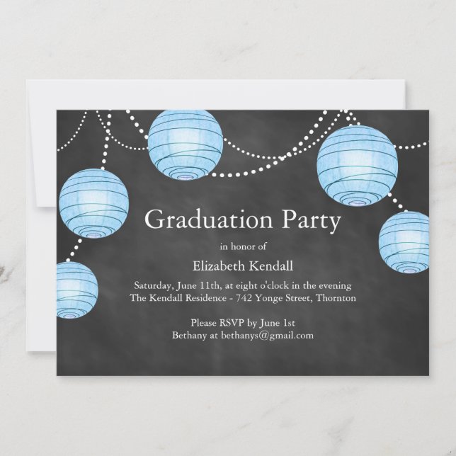 Chalkboard & Blue Lanterns Graduation Invitation (Front)