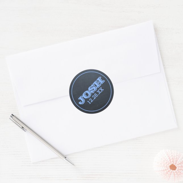 Chalkboard Blue Name Logo and Date Classic Round Sticker (Envelope)