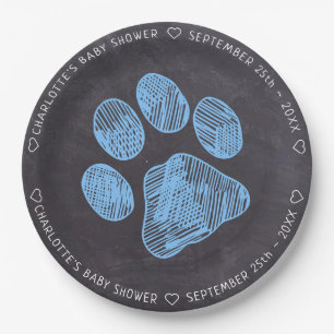 Chalkboard Blue Paw Print Baby Shower Paper Plate