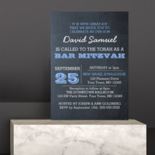 Chalkboard Blue Photo Bar Mitzvah Invitation