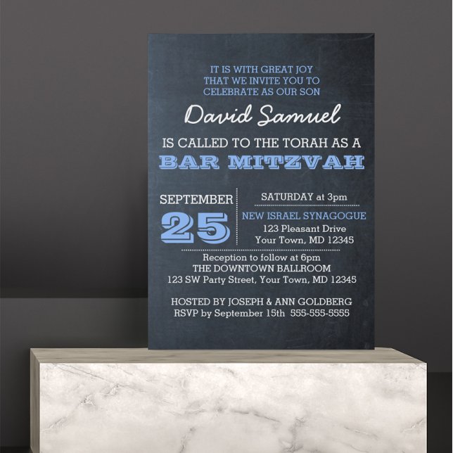 Chalkboard Blue Photo Bar Mitzvah Invitation (Creator Uploaded)