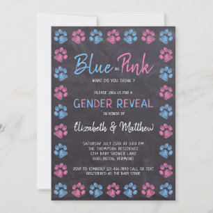 Chalkboard Blue Pink Paw Prints Gender Reveal Invitation