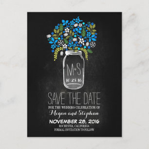 Chalkboard blue save the date - Floral Mason Jar Announcement Postcard