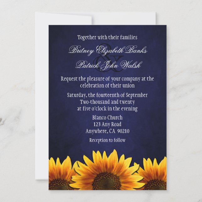Chalkboard Blue Sunflower Wedding Invitations (Back)