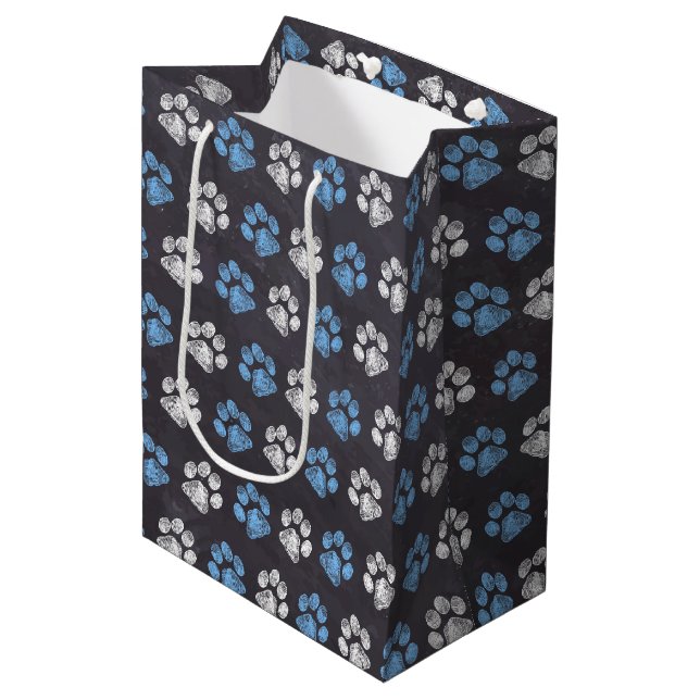 Chalkboard Blue White Paw Prints Medium Gift Bag (Front Angled)