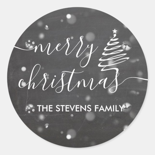 Chalkboard bokeh Christmas tree script Christmas Classic Round Sticker (Front)