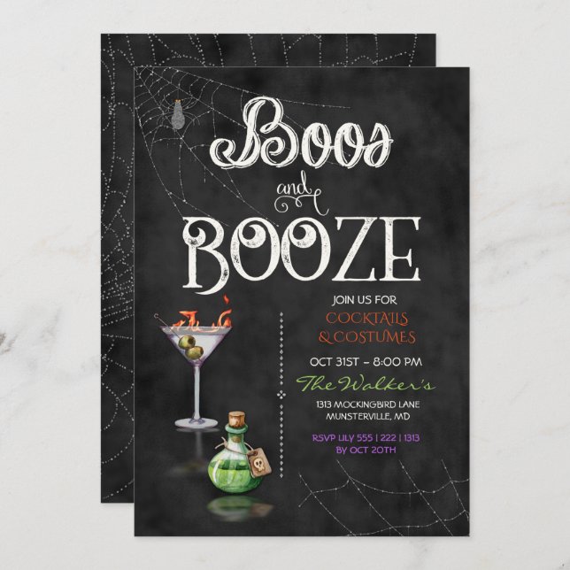 Chalkboard Boos & Booze Halloween Cocktail Party Invitation (Front/Back)
