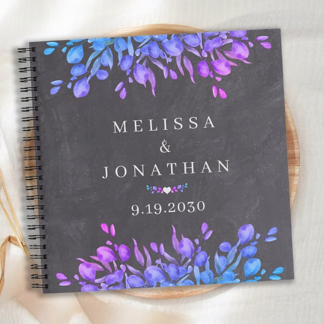 Chalkboard Botanical Purple Blue Wedding Guestbook Notebook (Creator Uploaded)