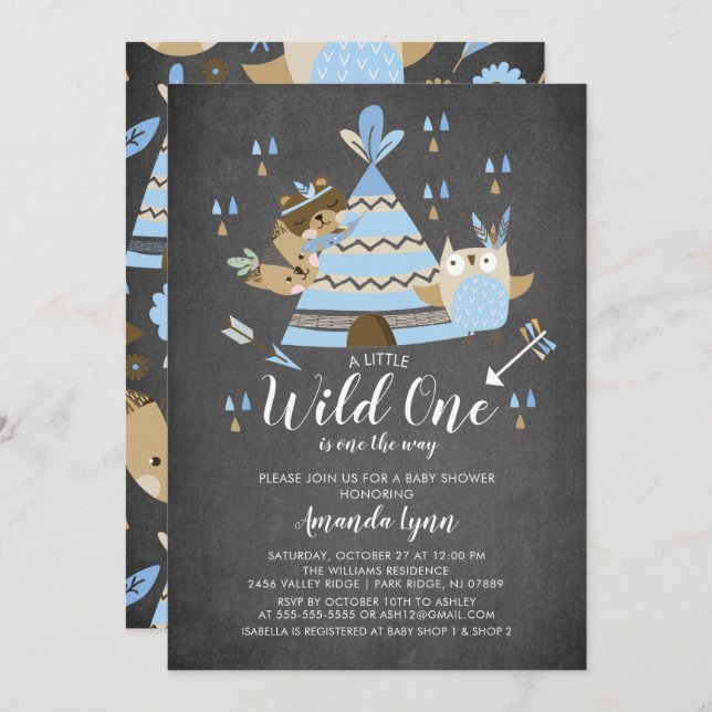 chalkboard Boys Wild One Baby Shower Invitation (Front/Back)
